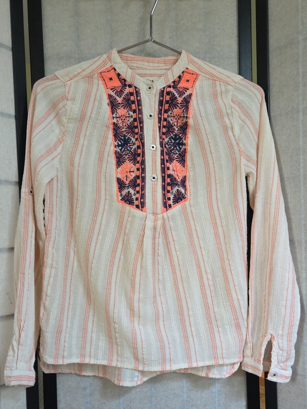Embroidered Stripe Long-Sleeve Women's Top - Cream w/ Coral Stripes 100% Cotton